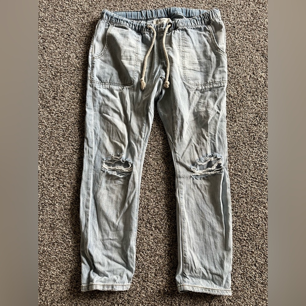 Drawstring distressed light wash jeans